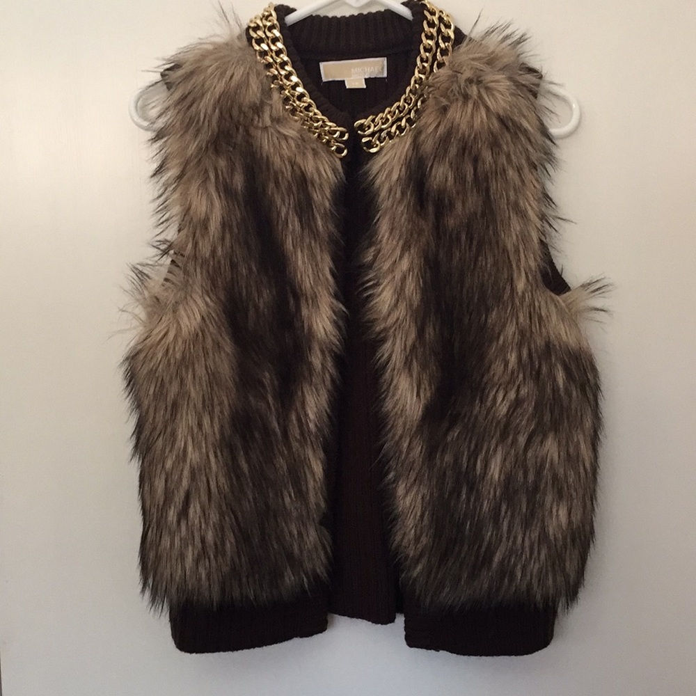 Michael Kors Faux Fur Vest with Gold Chain Detail